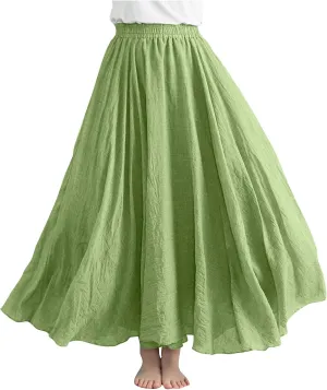 Women's Linen Maxi Skirts High Waist Ankle Length Skirt Solid Color Loose Casual Skirt Summer Flowy Long Skirts