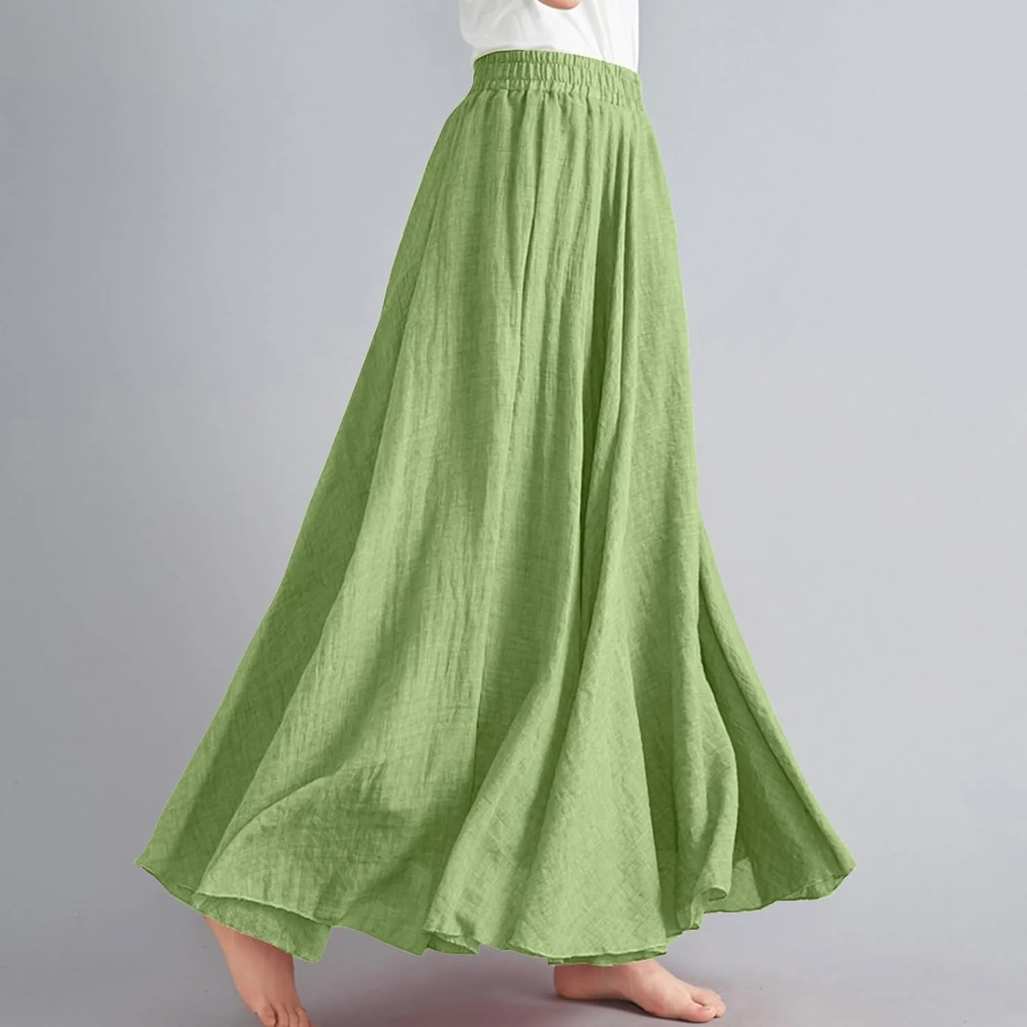 Women's Linen Maxi Skirts High Waist Ankle Length Skirt Solid Color Loose Casual Skirt Summer Flowy Long Skirts
