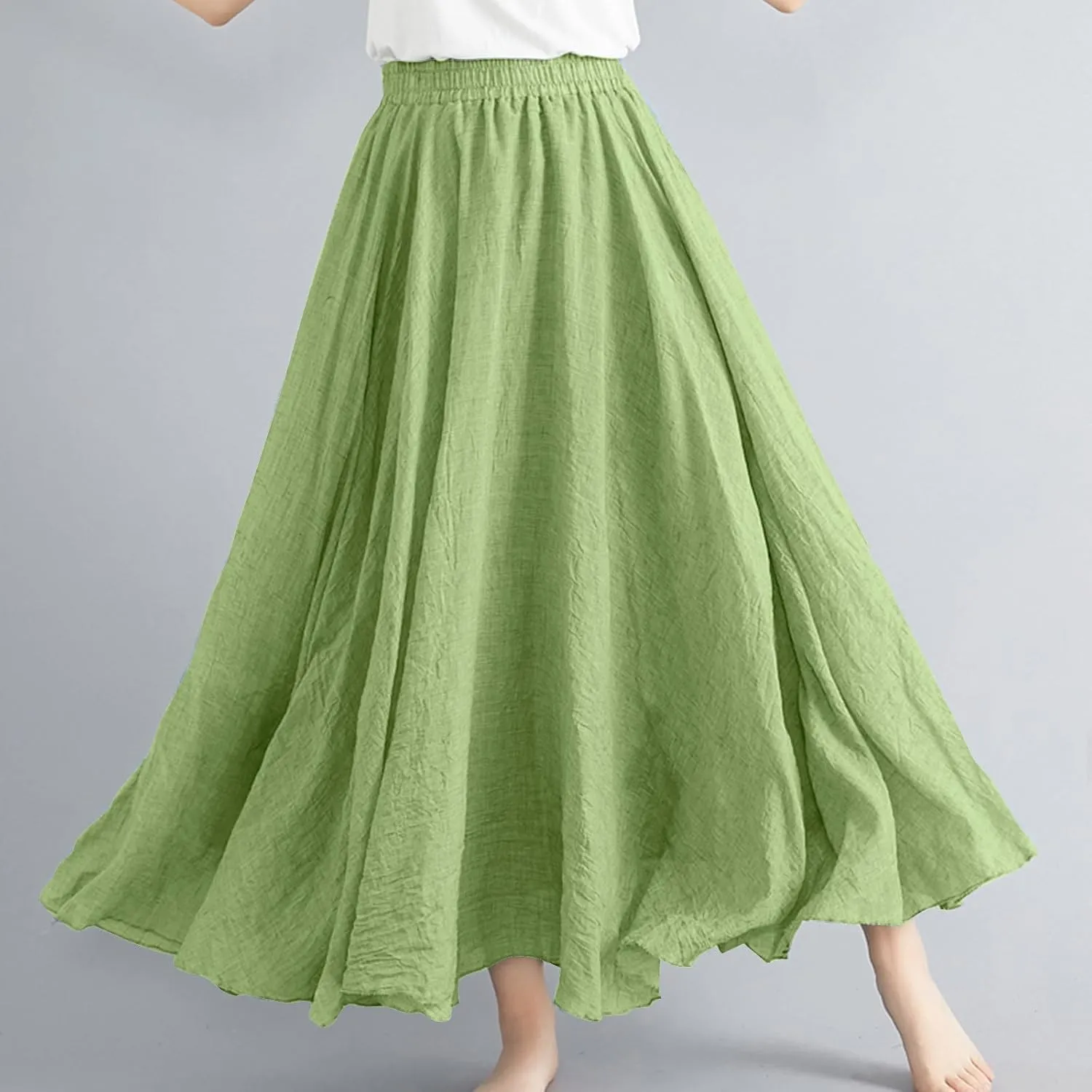 Women's Linen Maxi Skirts High Waist Ankle Length Skirt Solid Color Loose Casual Skirt Summer Flowy Long Skirts