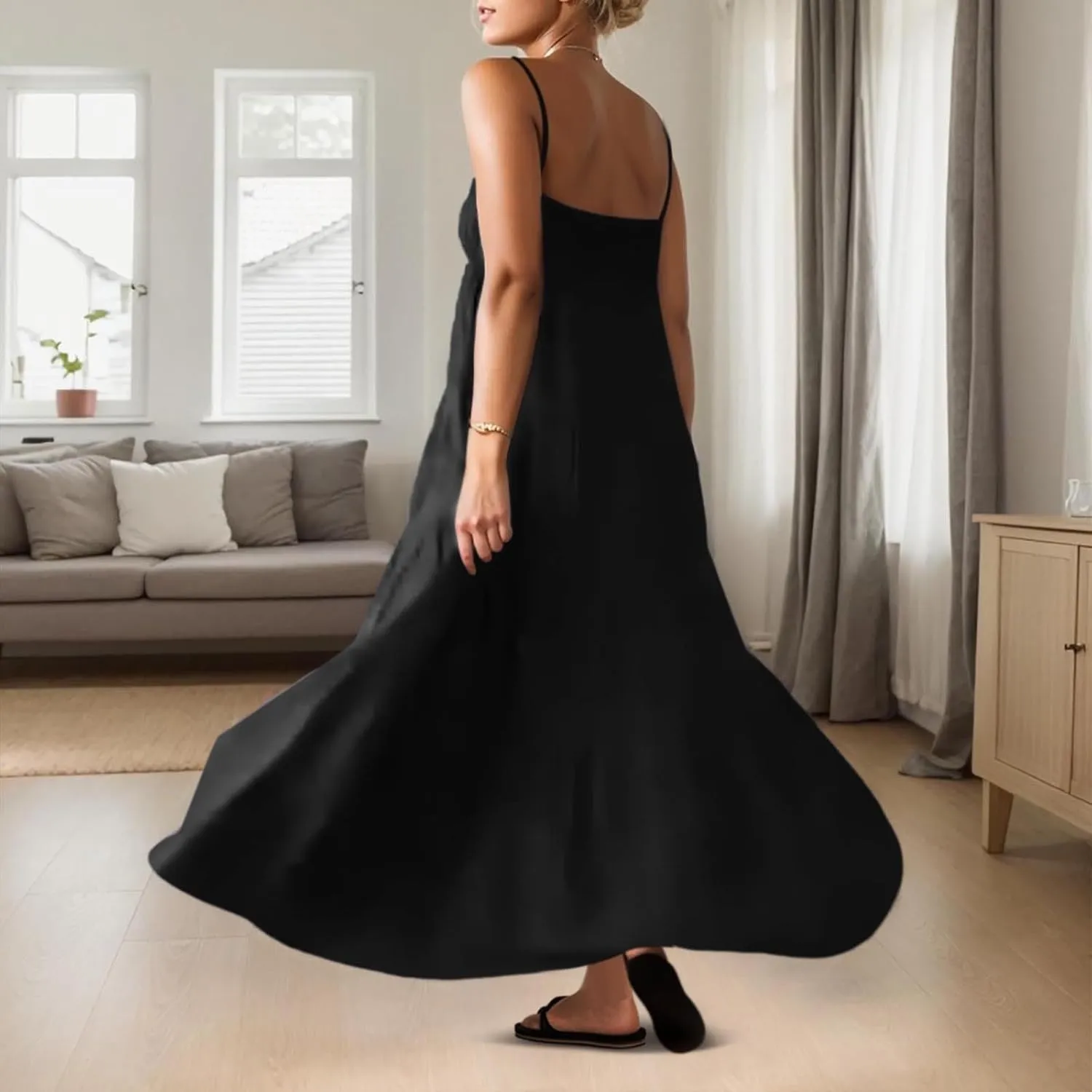Women's Sleeveless Dress Casual Plain Loose Summer Vacation Long Maxi Dresses with Pockets