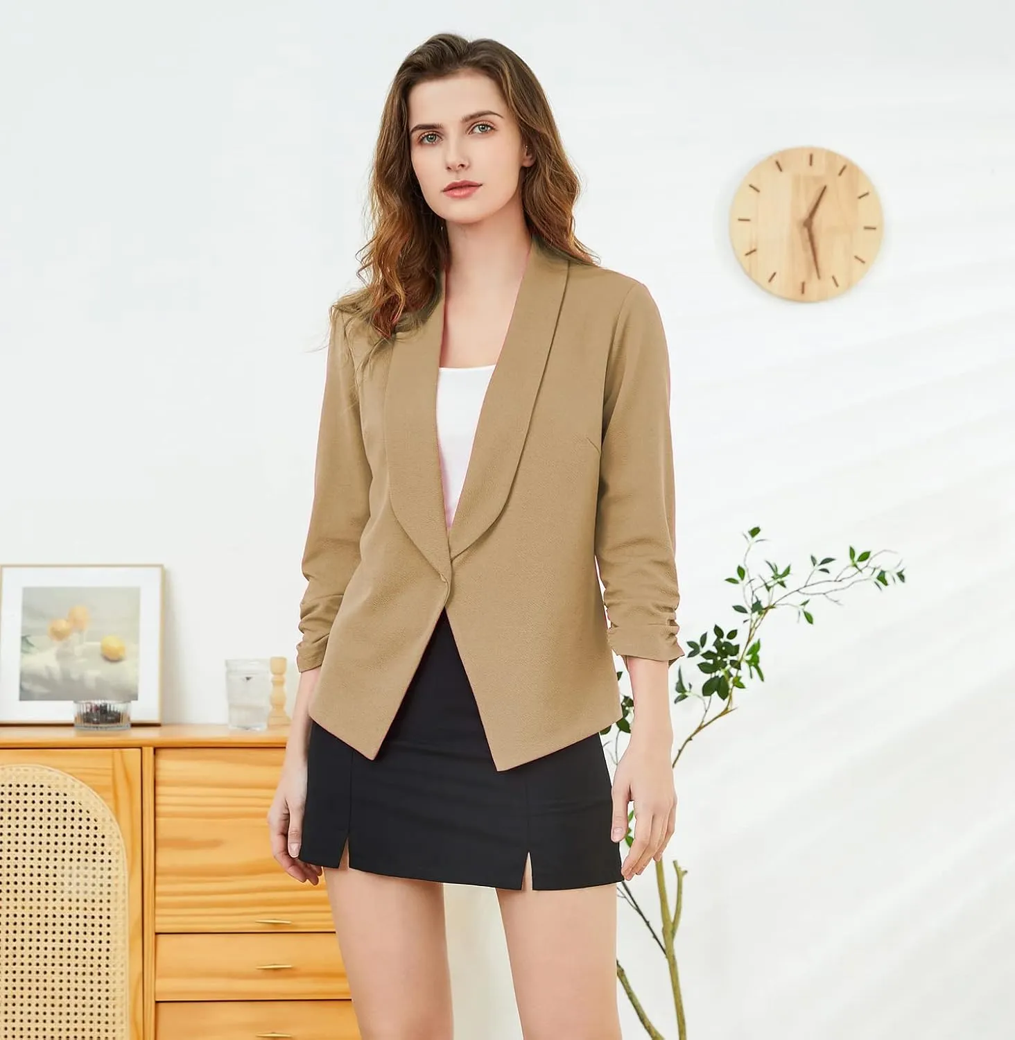 Women's Soft Stretchy Lightweight Cardigan Blazer One Button 3/4 Ruched Sleeve Business Casual Blazer Jackets