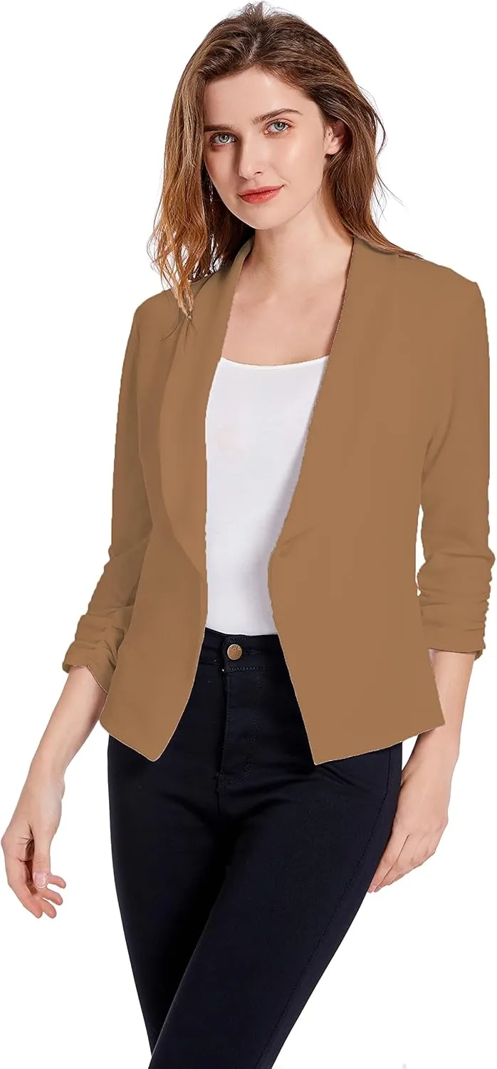 Women's Soft Stretchy Lightweight Cardigan Blazer One Button 3/4 Ruched Sleeve Business Casual Blazer Jackets