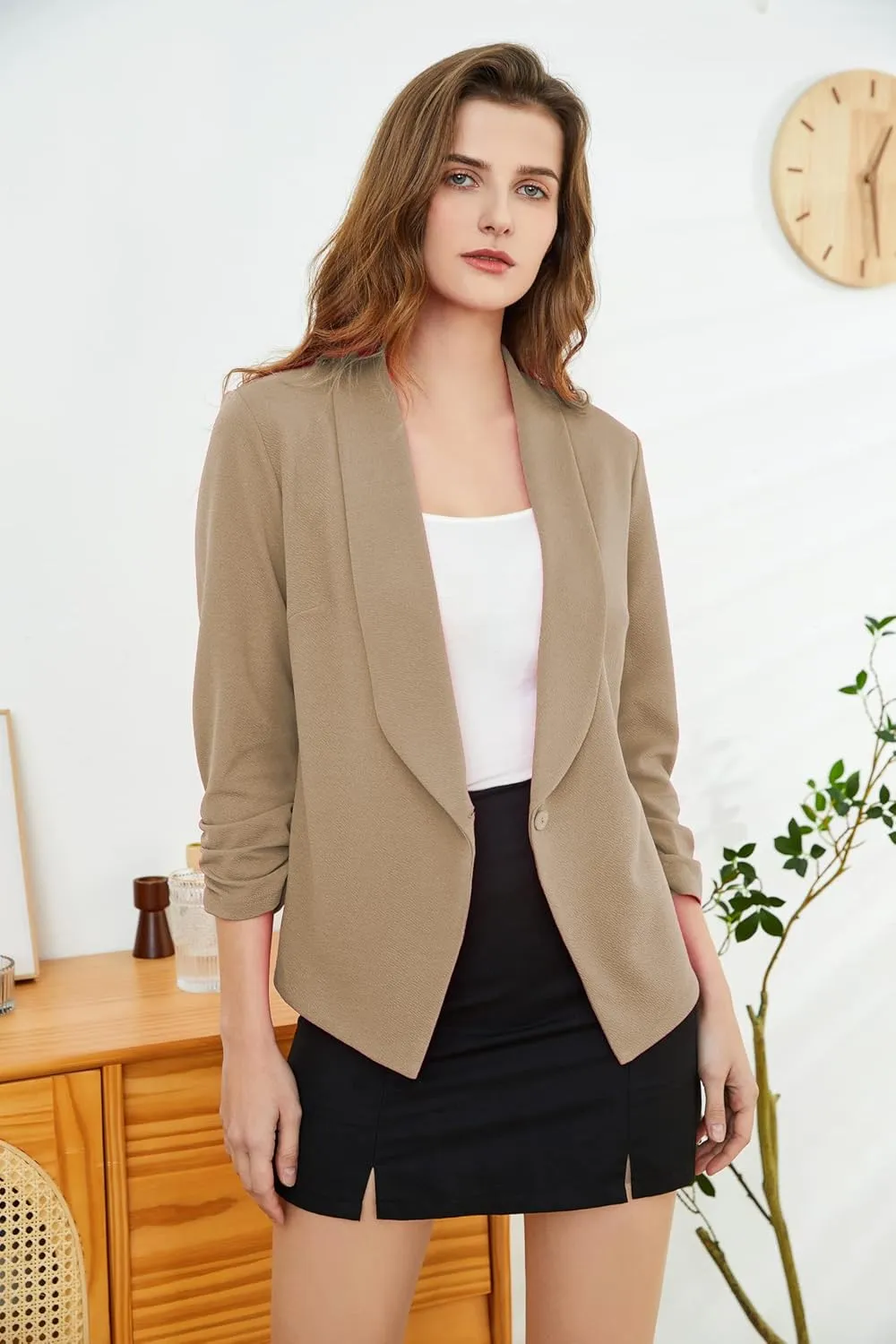 Women's Soft Stretchy Lightweight Cardigan Blazer One Button 3/4 Ruched Sleeve Business Casual Blazer Jackets