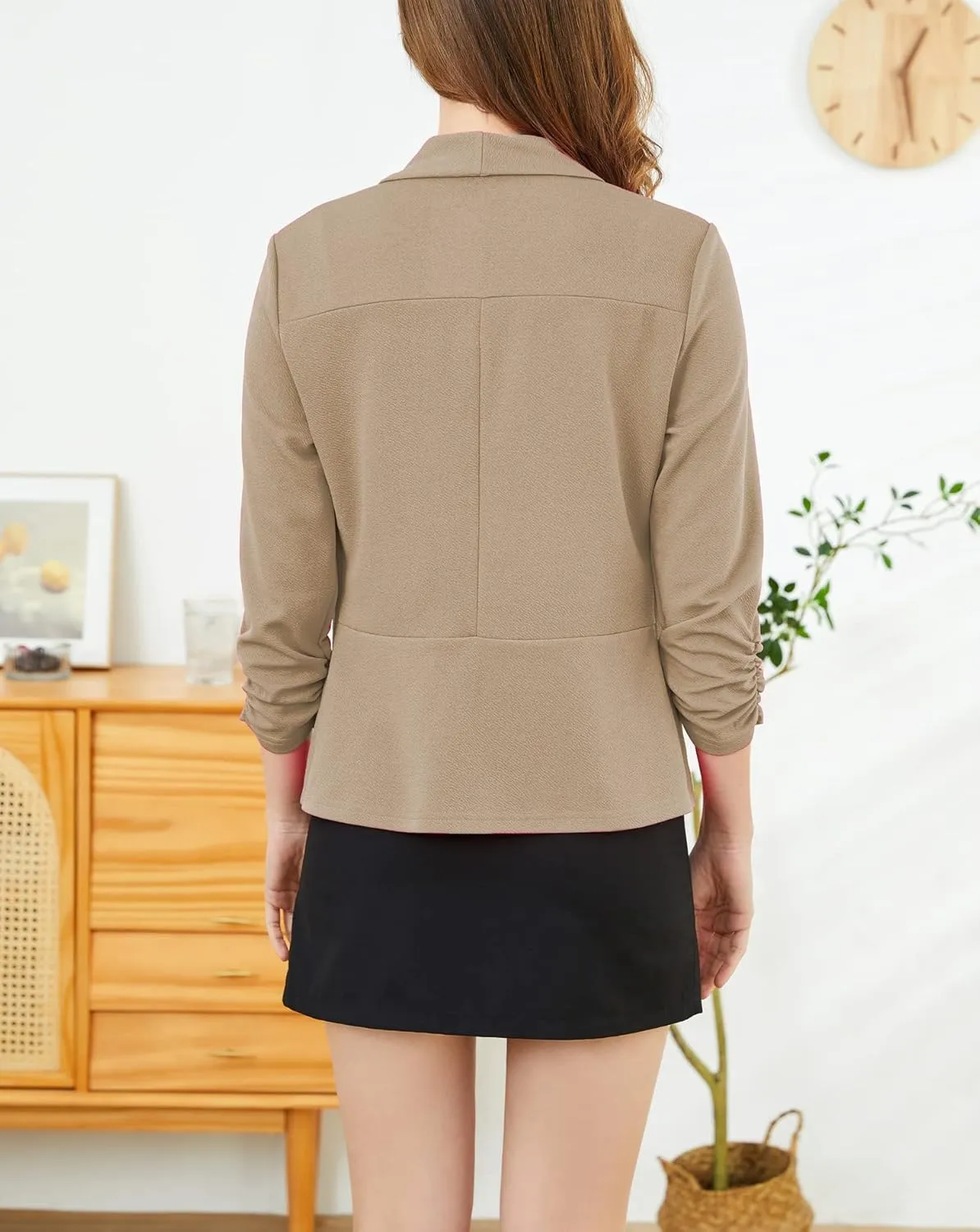 Women's Soft Stretchy Lightweight Cardigan Blazer One Button 3/4 Ruched Sleeve Business Casual Blazer Jackets
