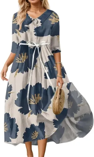 Womens Summer Colorful Belted Smocked Floral Short Sleeve Flowy Dress Casual Lightweight Button Lapel Maxi Dresses