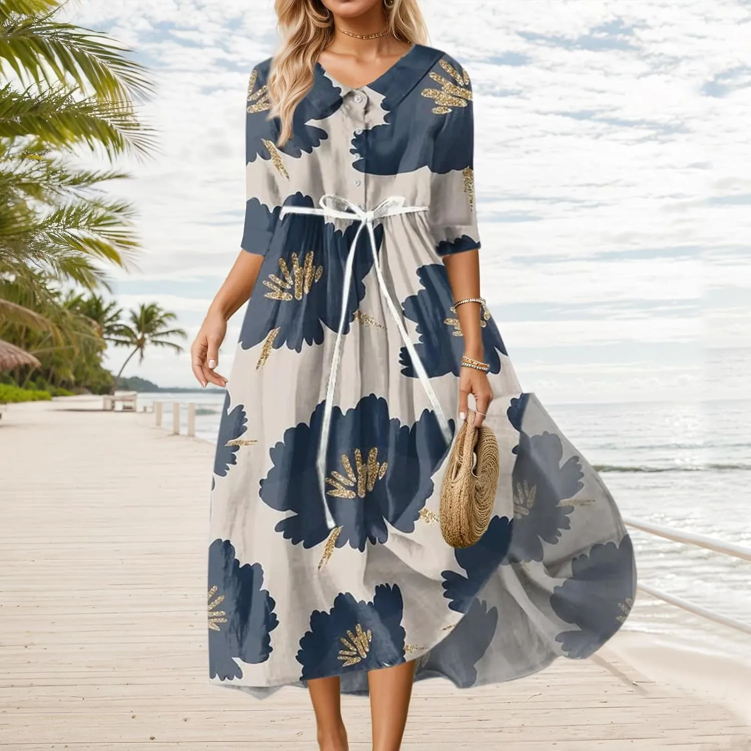 Womens Summer Colorful Belted Smocked Floral Short Sleeve Flowy Dress Casual Lightweight Button Lapel Maxi Dresses