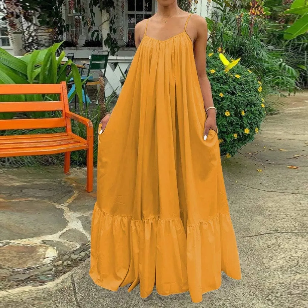 Women's Summer Maxi Dress Casual V-Neck Sleeveless Bohemian Spaghetti Strap Floral Long Maxi Dress with Pockets