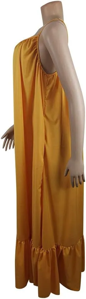 Women's Summer Maxi Dress Casual V-Neck Sleeveless Bohemian Spaghetti Strap Floral Long Maxi Dress with Pockets
