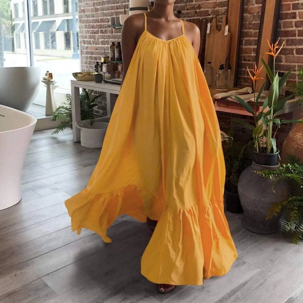 Women's Summer Maxi Dress Casual V-Neck Sleeveless Bohemian Spaghetti Strap Floral Long Maxi Dress with Pockets