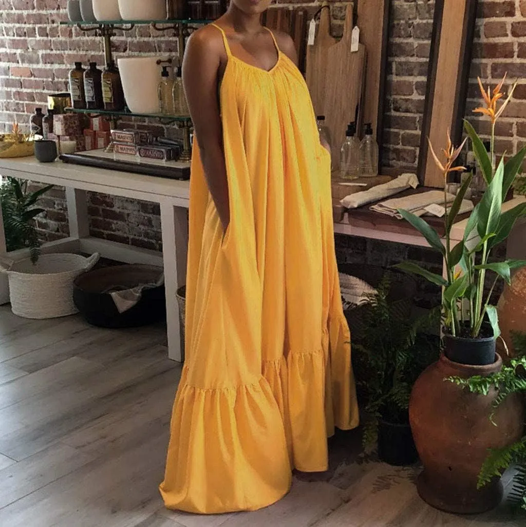 Women's Summer Maxi Dress Casual V-Neck Sleeveless Bohemian Spaghetti Strap Floral Long Maxi Dress with Pockets