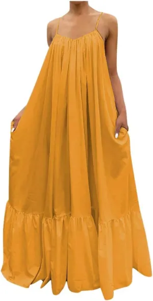Women's Summer Maxi Dress Casual V-Neck Sleeveless Bohemian Spaghetti Strap Floral Long Maxi Dress with Pockets