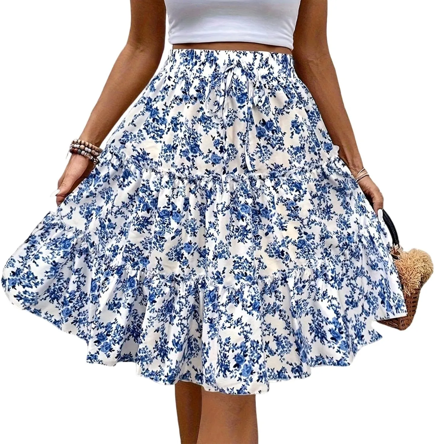 Women's Summer Skirts 2025 High Waist A-Line Elastic Ruffle Midi Skirt Flared Below The Knee Skirts, S-XL