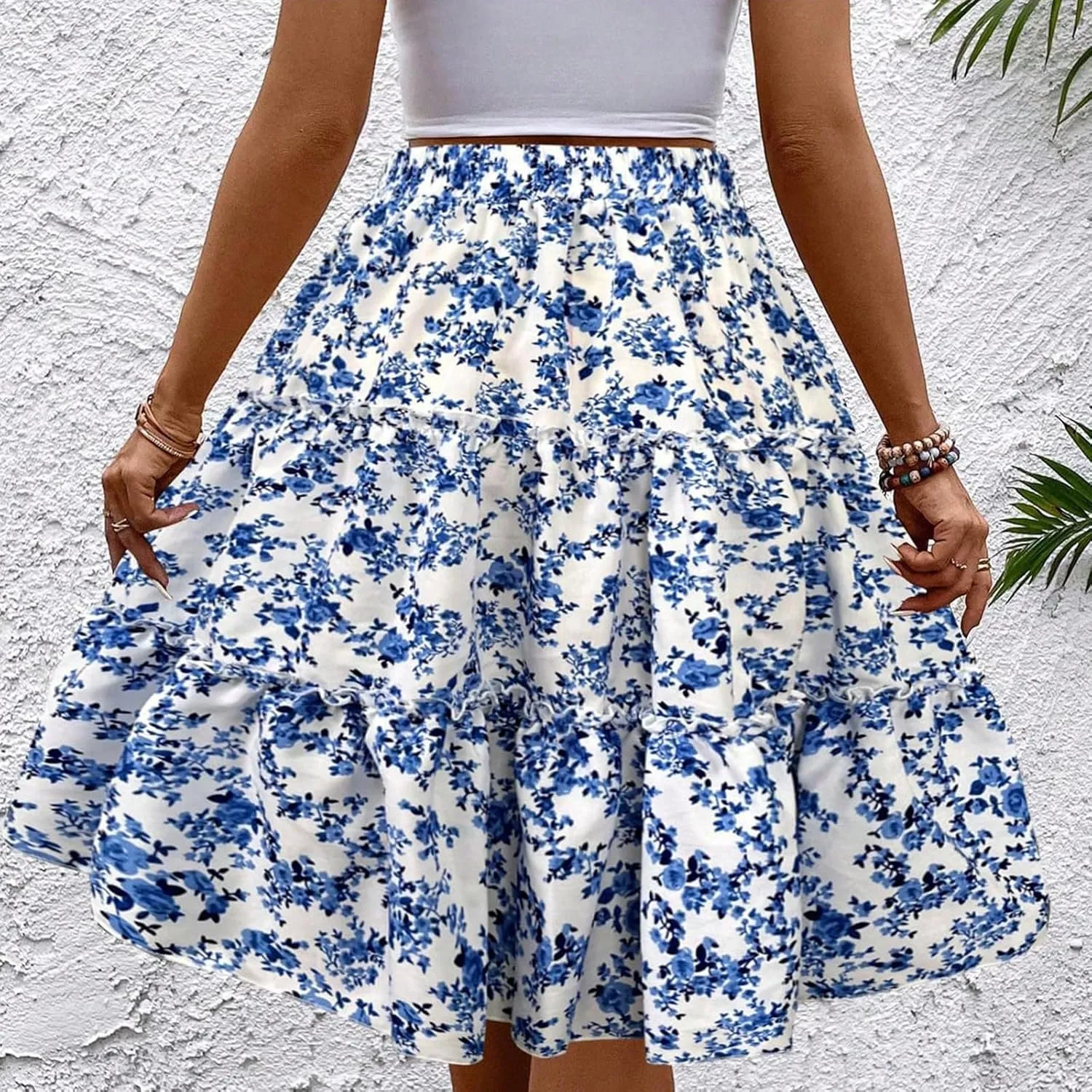 Women's Summer Skirts 2025 High Waist A-Line Elastic Ruffle Midi Skirt Flared Below The Knee Skirts, S-XL