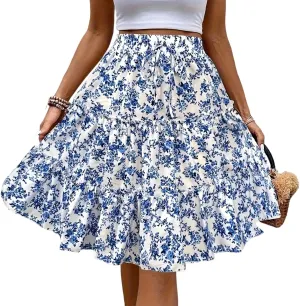 Women's Summer Skirts 2025 High Waist A-Line Elastic Ruffle Midi Skirt Flared Below The Knee Skirts, S-XL