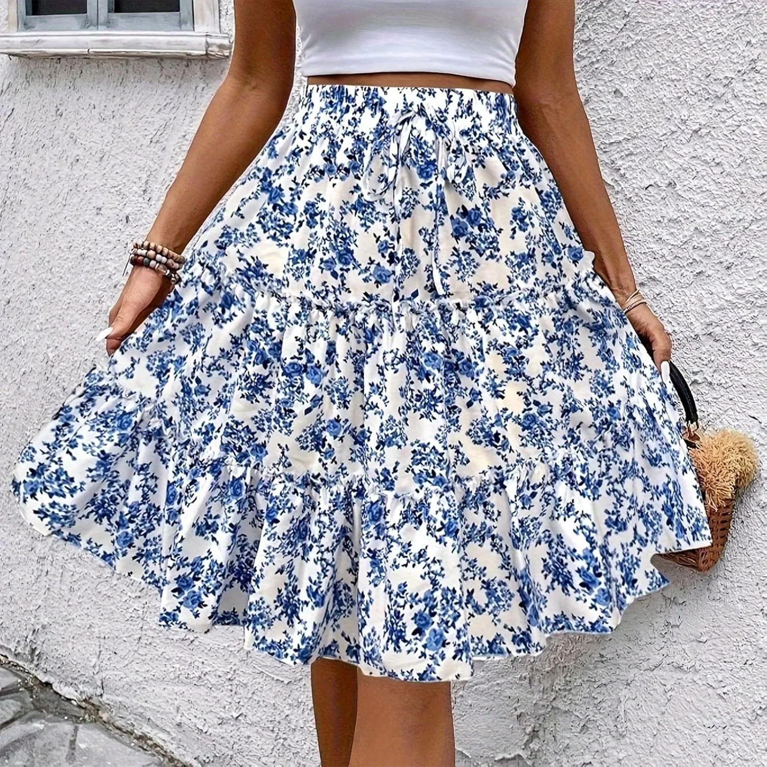 Women's Summer Skirts 2025 High Waist A-Line Elastic Ruffle Midi Skirt Flared Below The Knee Skirts, S-XL