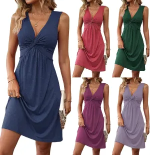 Women's V Neck Front Knotted Sleeveless Tank Dress Casual Summer A Line Sundress Beach Party Tunic Bodycon Dresses