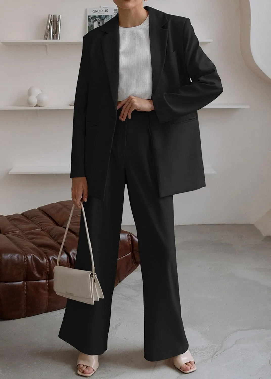 Womens Wide Leg Suit Pants Loose Fit High Elastic Waisted Business Work Casual Long Straight Trousers