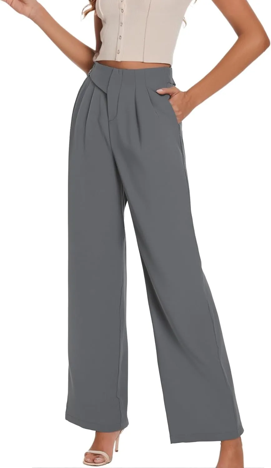 Womens Wide Leg Suit Pants Loose Fit High Elastic Waisted Business Work Casual Long Straight Trousers
