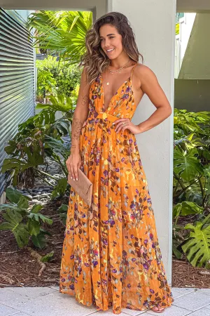 Yellow Floral V-Neck Maxi Dress with Criss Cross Back