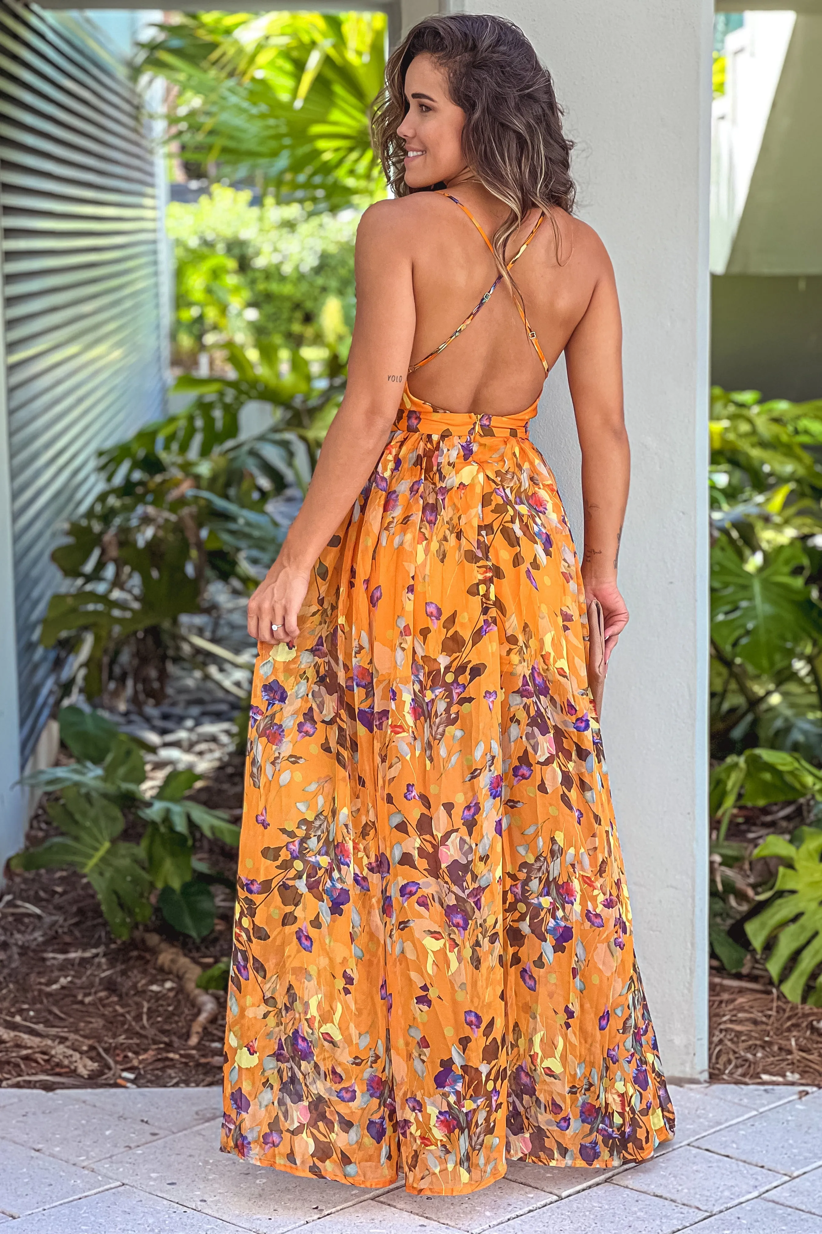 Yellow Floral V-Neck Maxi Dress with Criss Cross Back