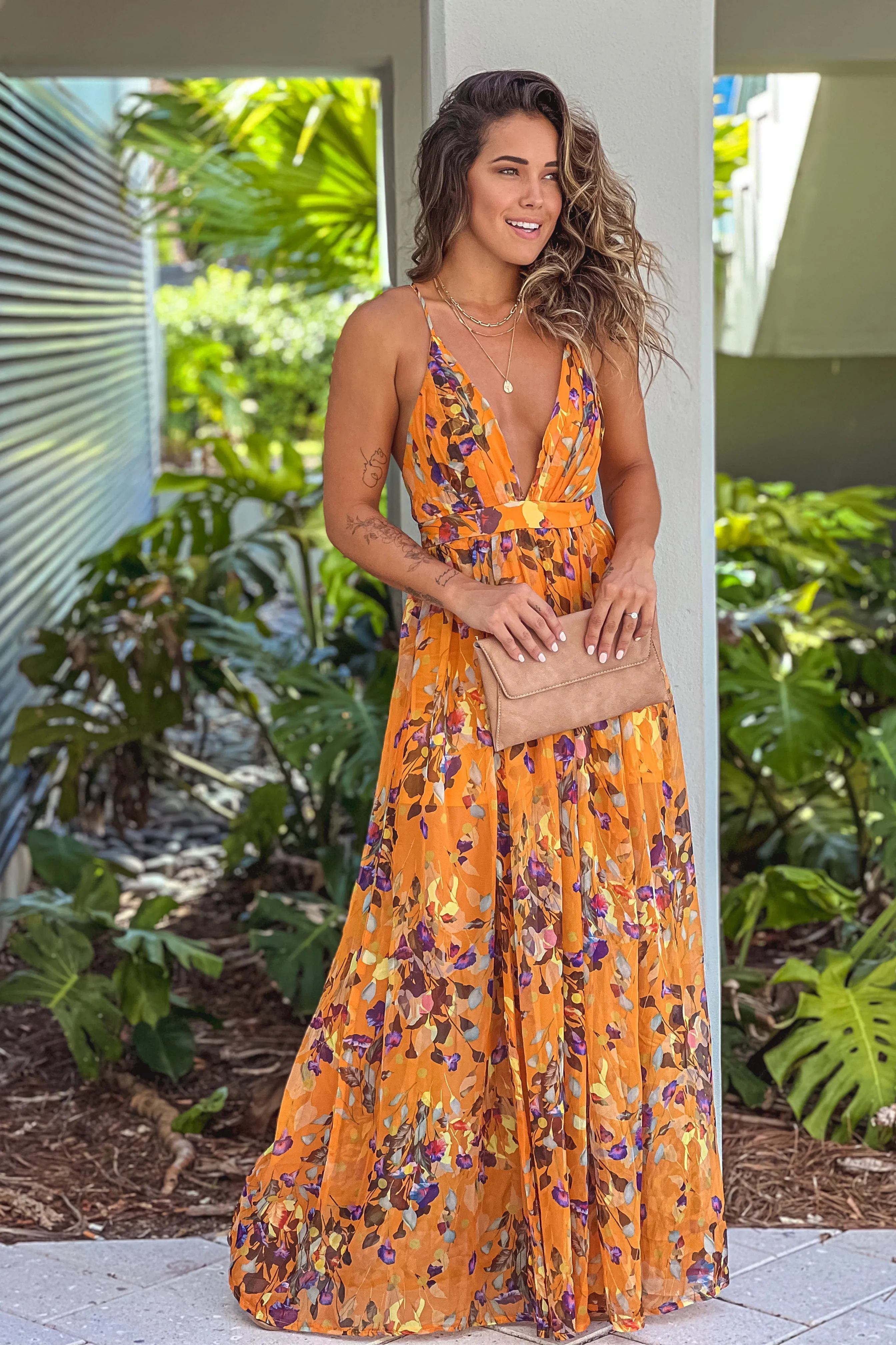 Yellow Floral V-Neck Maxi Dress with Criss Cross Back