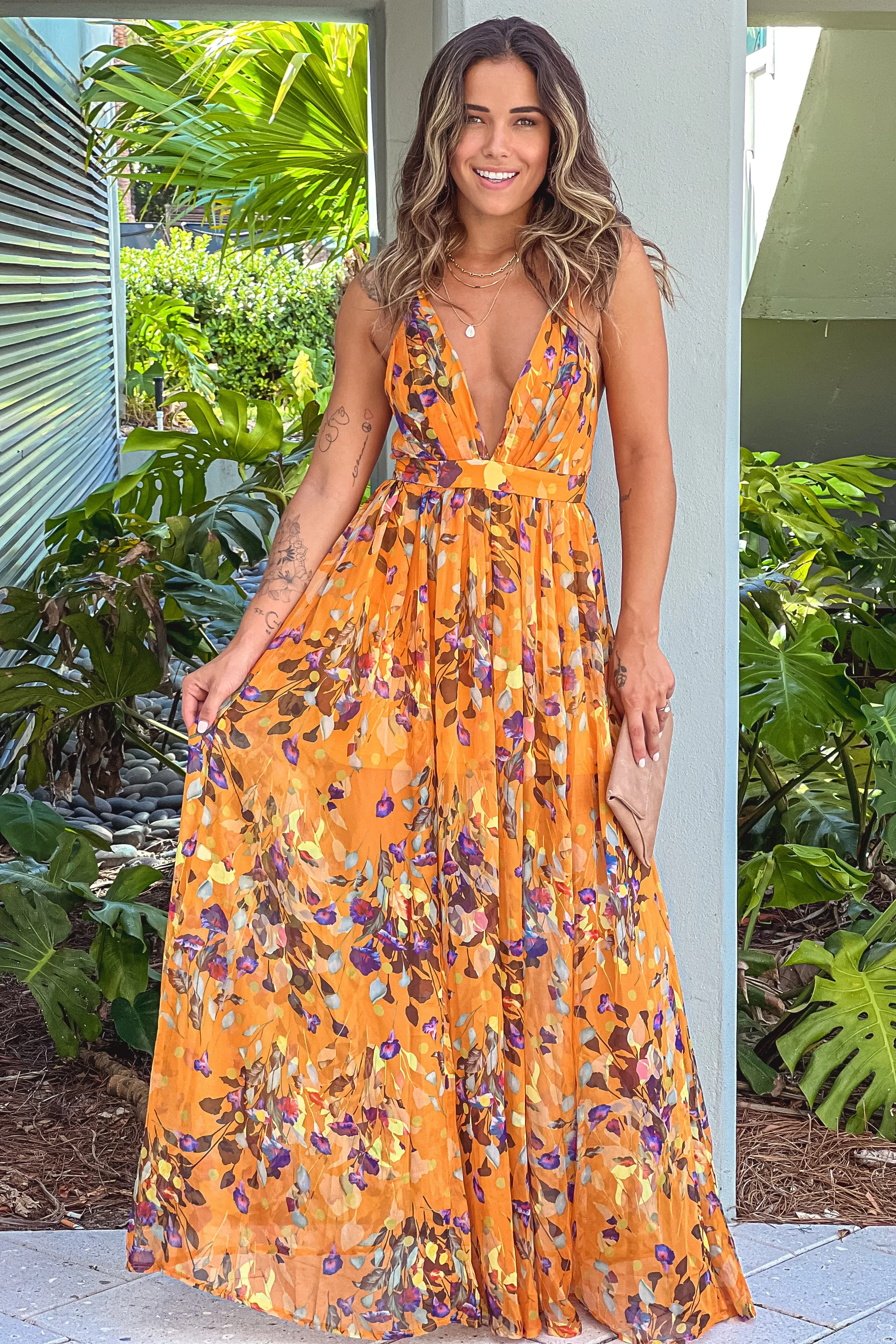 Yellow Floral V-Neck Maxi Dress with Criss Cross Back