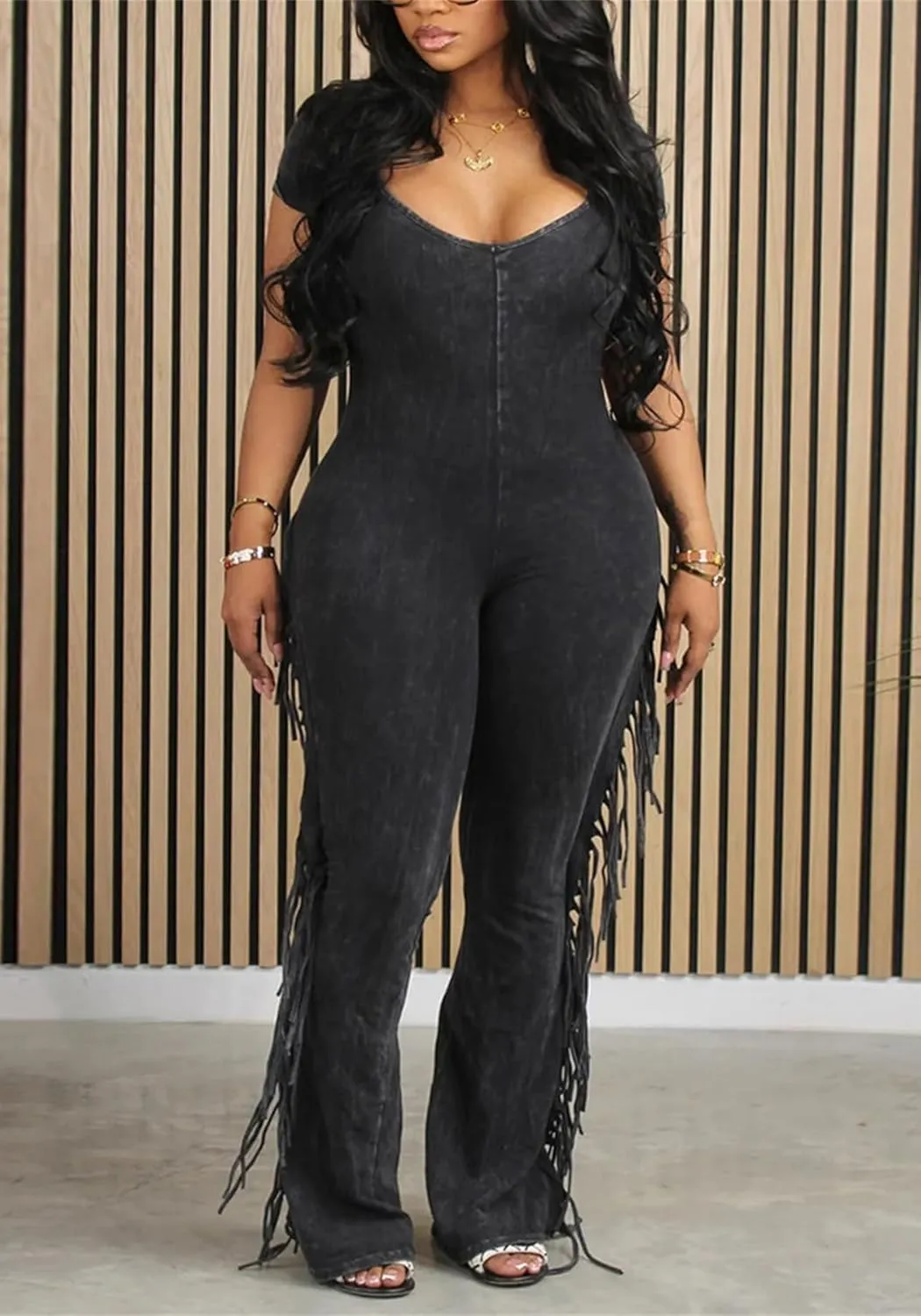 YOOTIKO Womens Sexy Bodycon Jumpsuit Fringe Pants Casual Workout Clubwear V Neck One Piece Romper