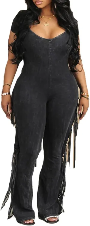 YOOTIKO Womens Sexy Bodycon Jumpsuit Fringe Pants Casual Workout Clubwear V Neck One Piece Romper