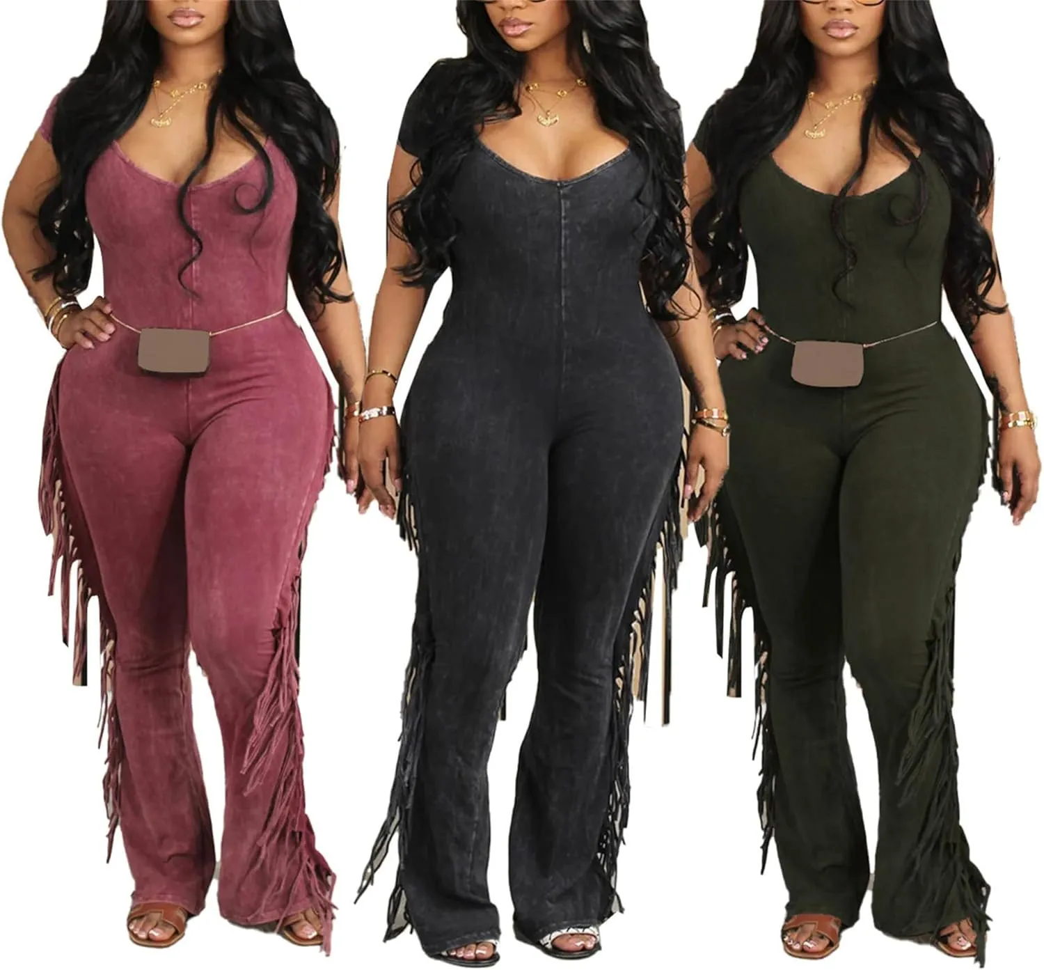 YOOTIKO Womens Sexy Bodycon Jumpsuit Fringe Pants Casual Workout Clubwear V Neck One Piece Romper