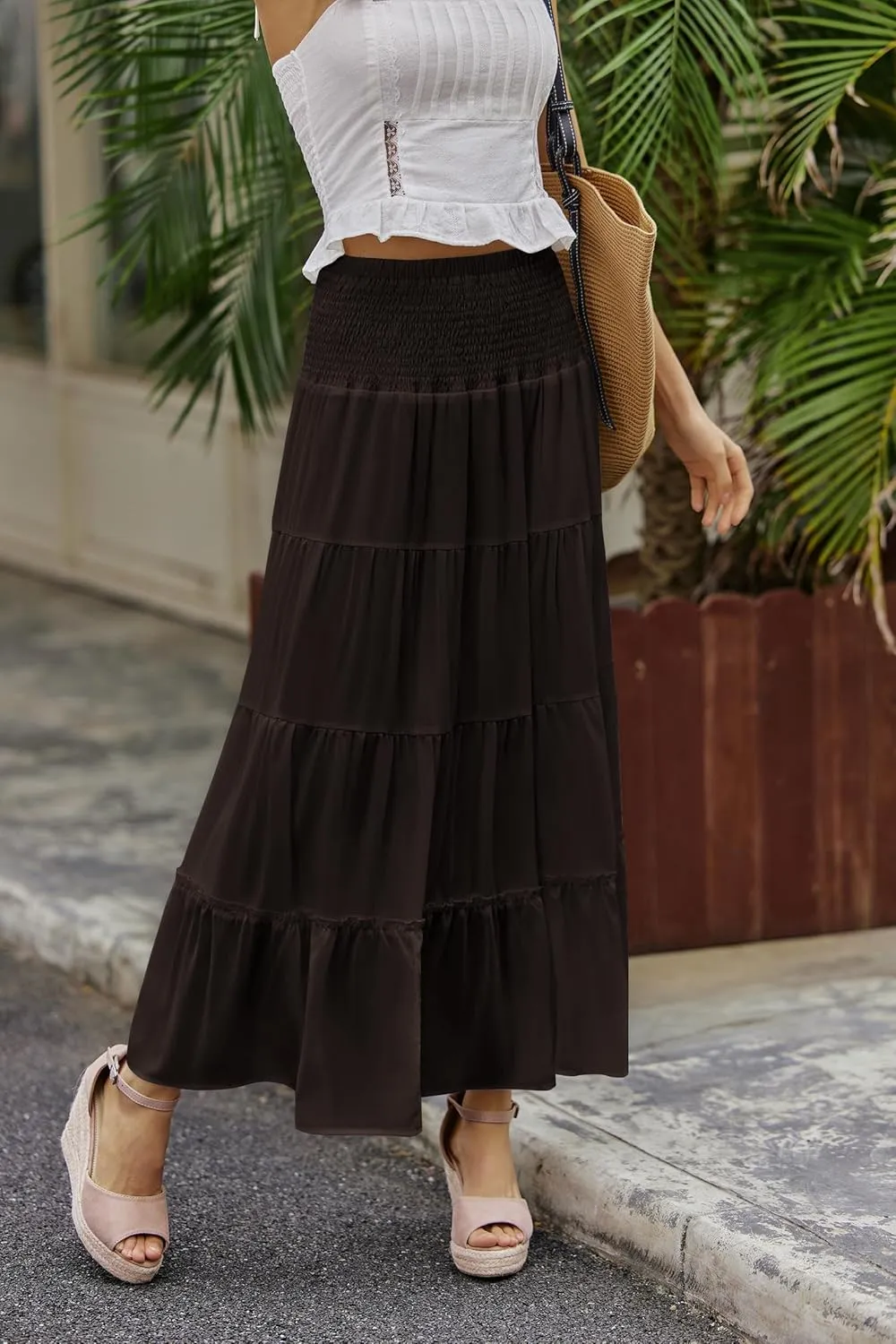 Zeagoo Women's Long Maxi Skirts Tiered Elastic High Waist Boho Double Layered Print A-Line Casual Midi Dress