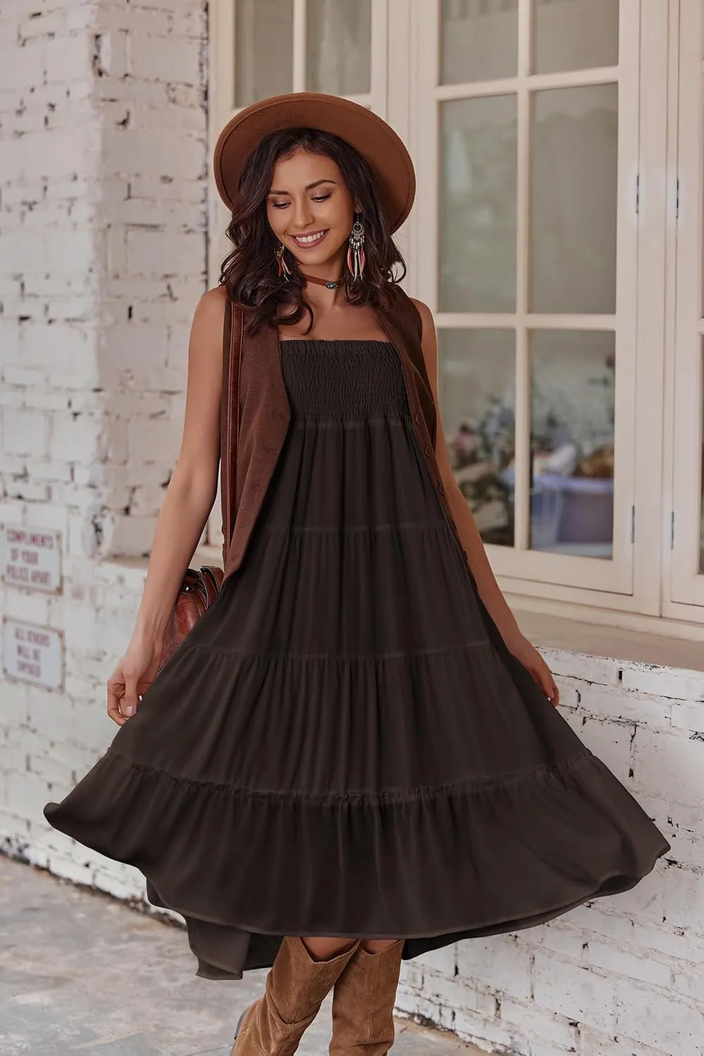 Zeagoo Women's Long Maxi Skirts Tiered Elastic High Waist Boho Double Layered Print A-Line Casual Midi Dress